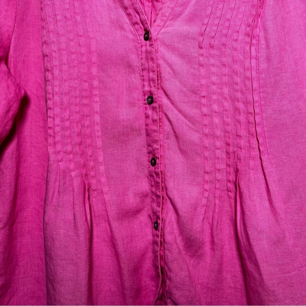 Chaus Sport Women 100% Linen Top XL Hot Pink Button Front Coastal Roll Tab Beach - Picture 7 of 8